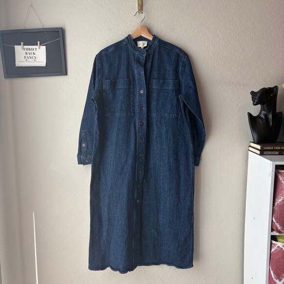 Sezane Dress Navi Denim Jean Long Sleeve Midi Dress Dark Blue Size 36 - Picture 2 of 8